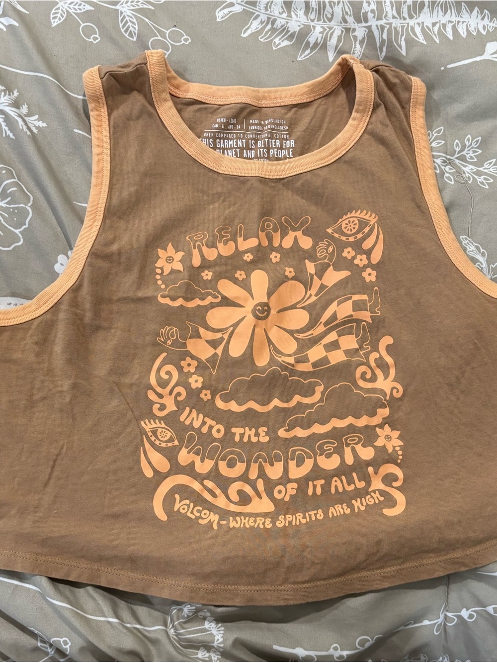 Volcom Brown Tank with Peach Retro Floral Graphic